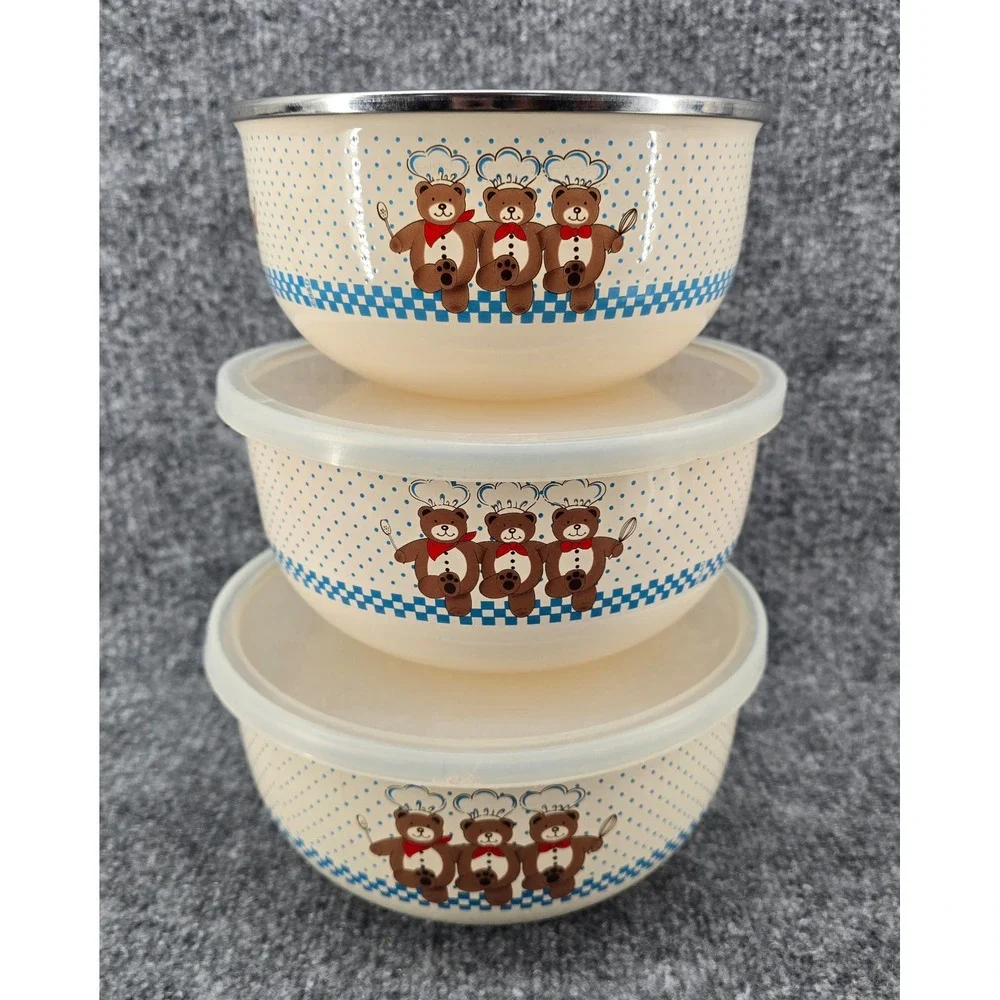 Vtg Set of 3 B&D Enamel Mixing Bowls Teddy Bear Chef w/ 2 Lids Metal 80s Rare